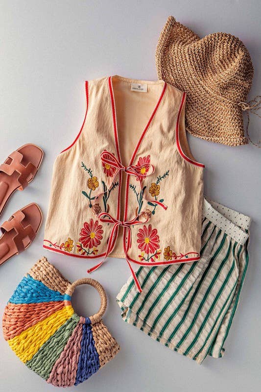 Boho Embroidered Tie Front Western Vest: KHAKI