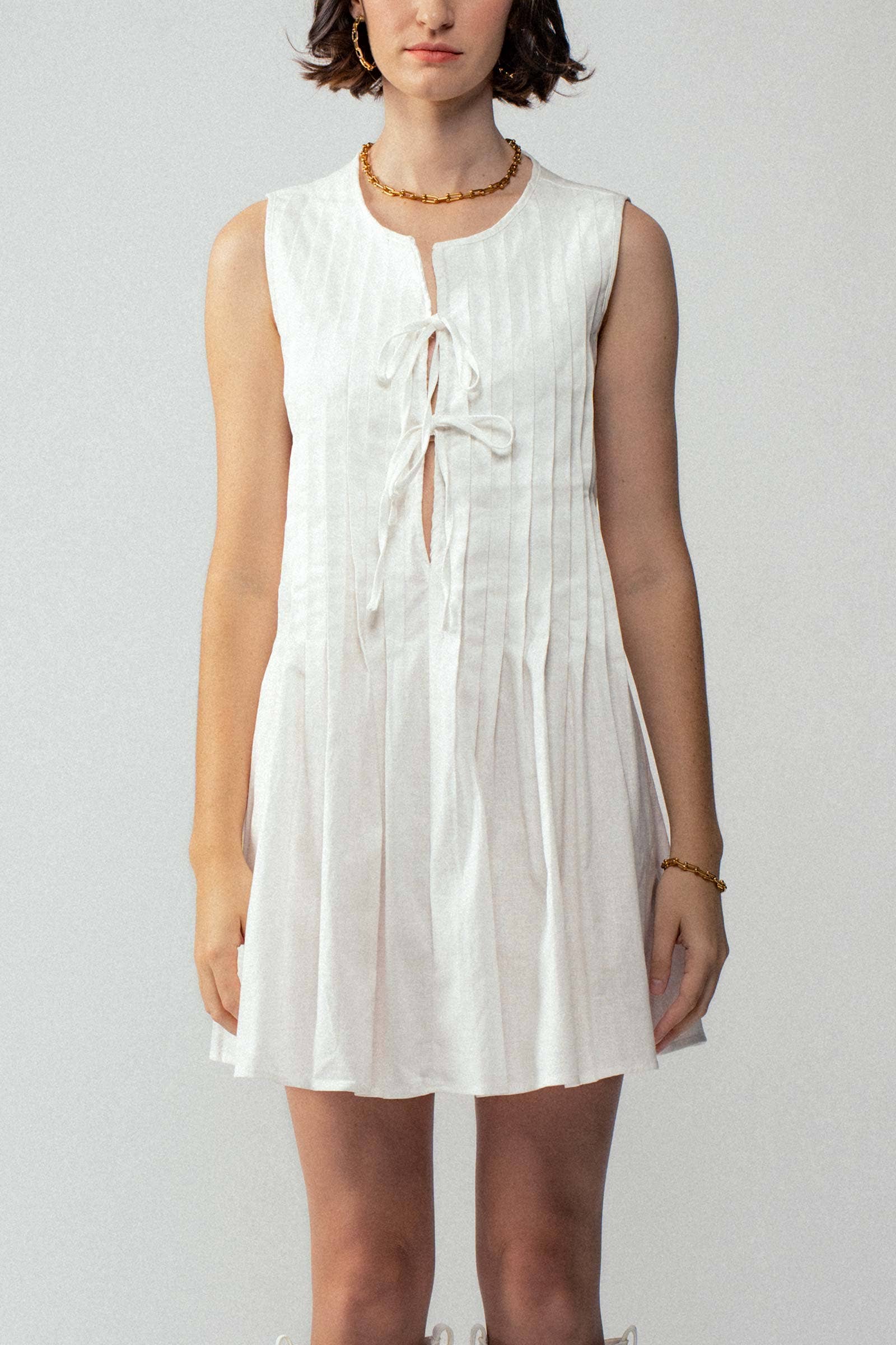 Romantic Pleated Deep V Neck Front Tie Sleeveless Mini Dress