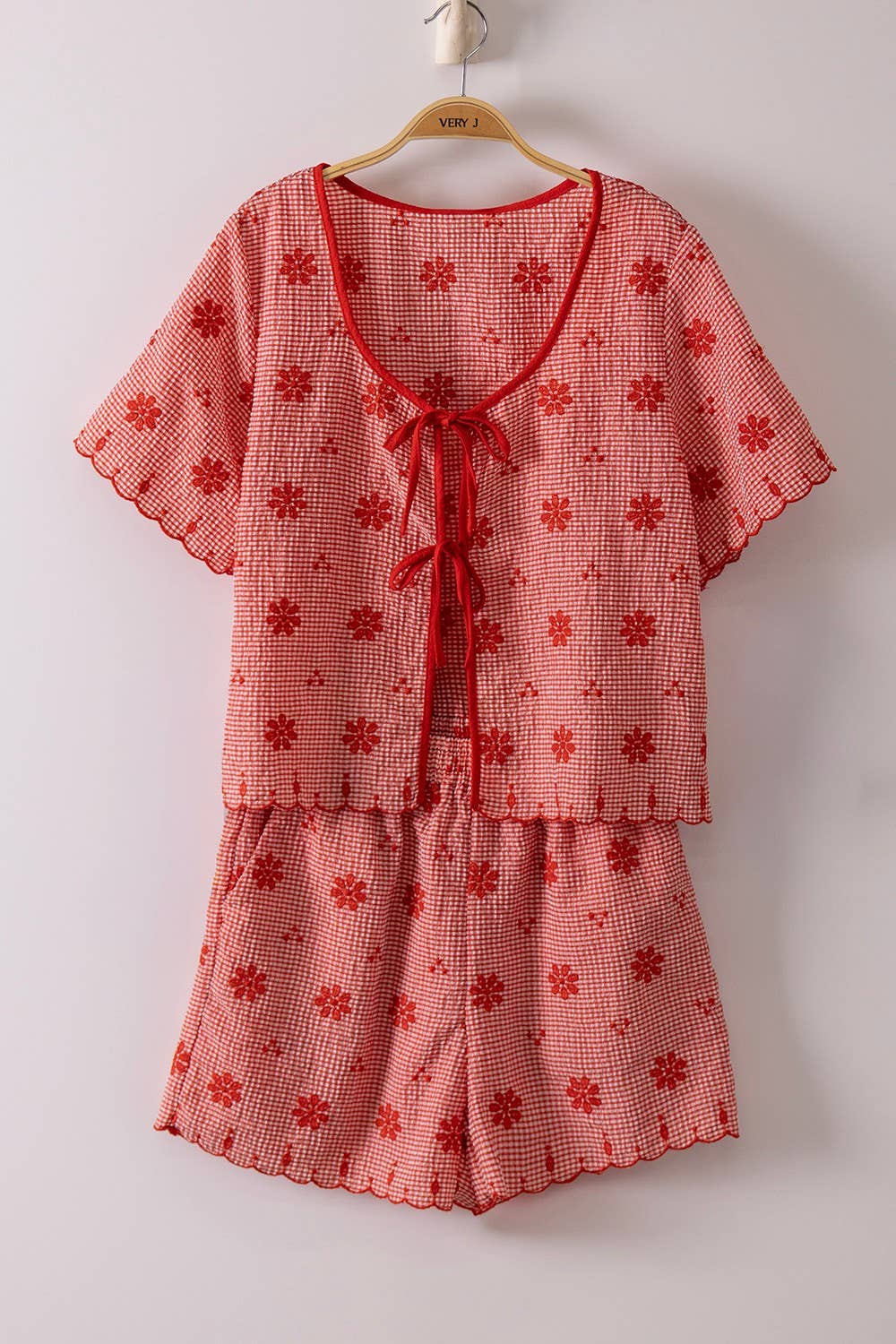Floral Embroidery Woven Top & Shorts Set: RED