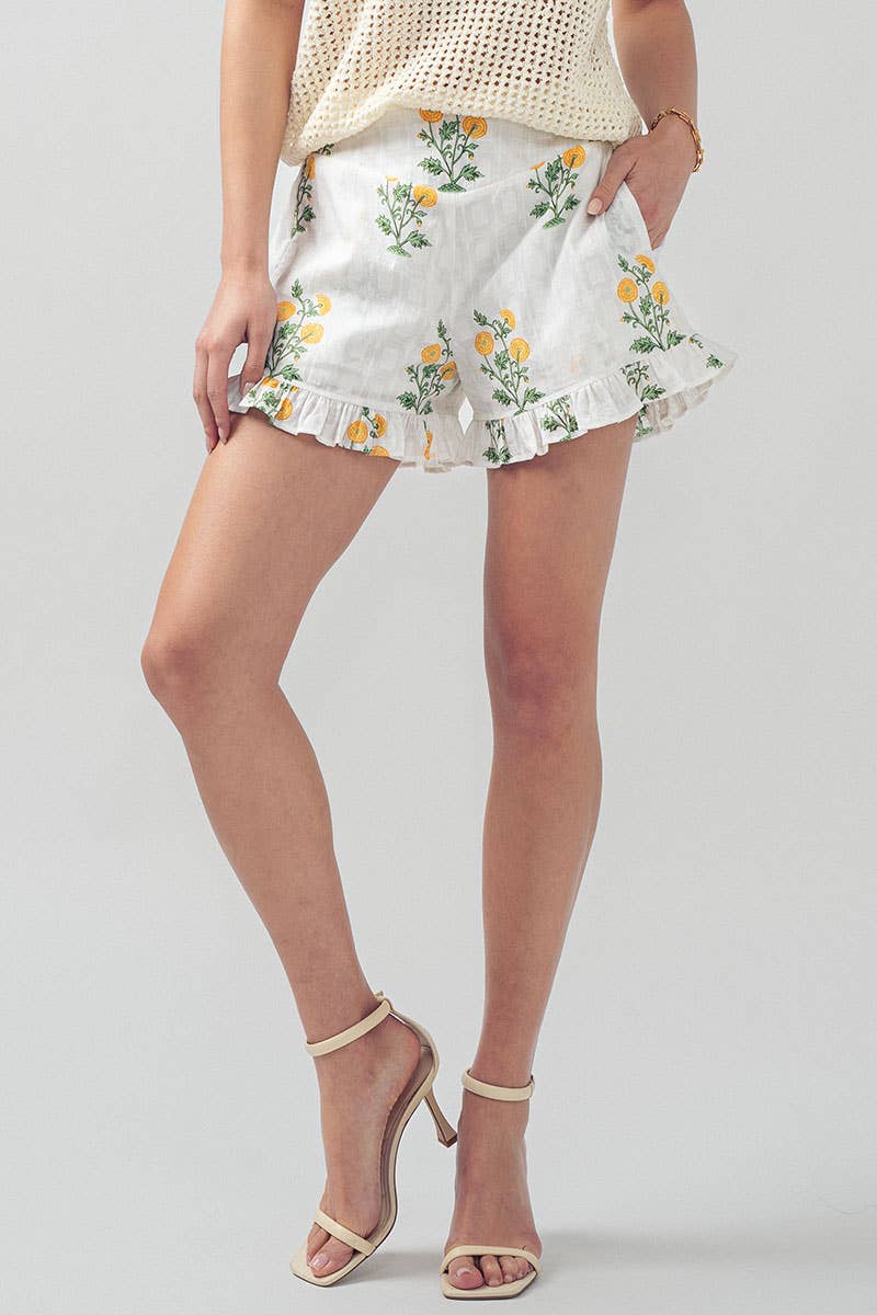 Yellow Floral Print Ruffle Shorts with Smocked Waist