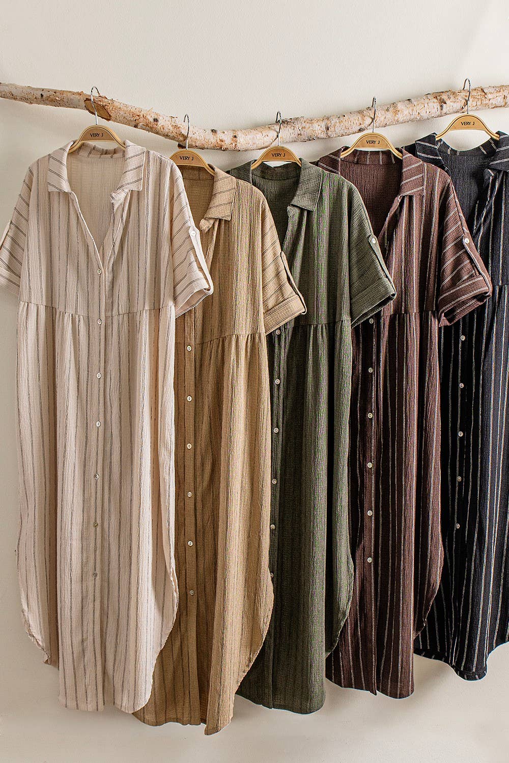 Striped Linen Midi Button Down Shirt Dress: TAUPE