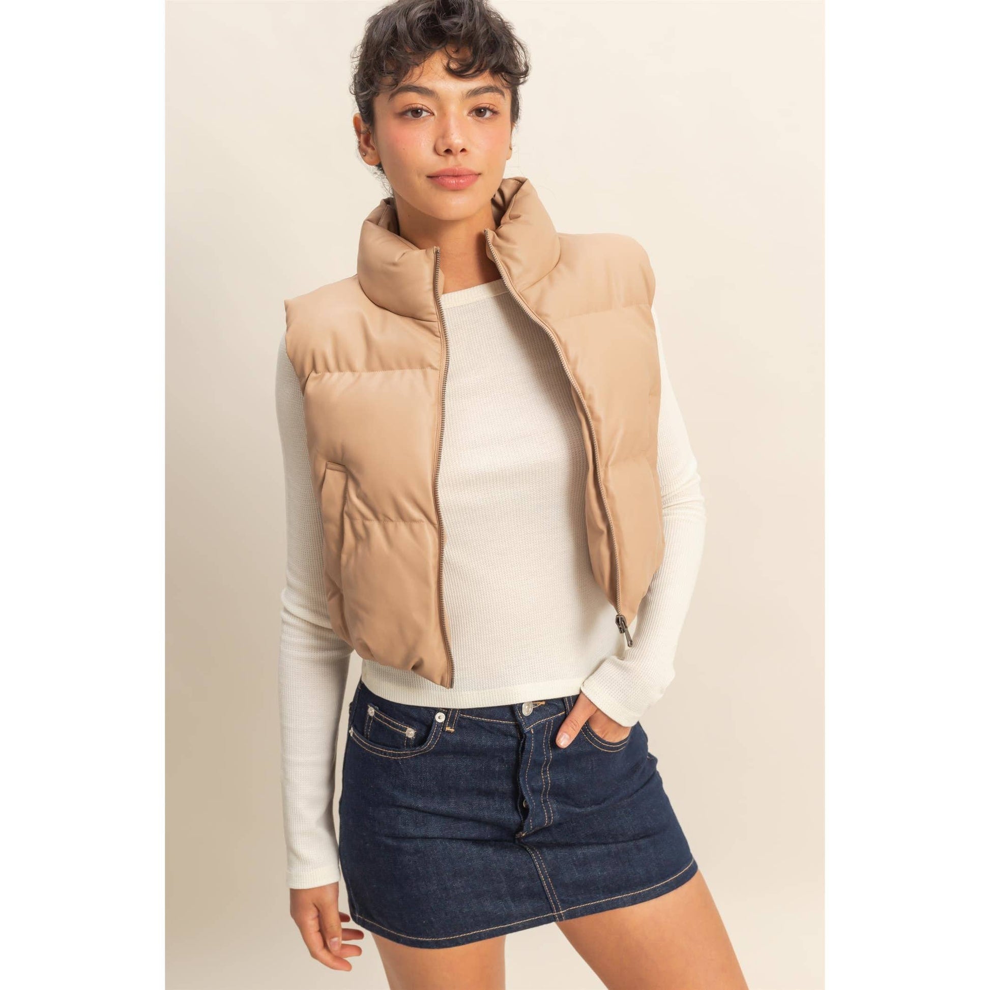 Faux Leather Cropped Puffer Vest: DARK TAUPE
