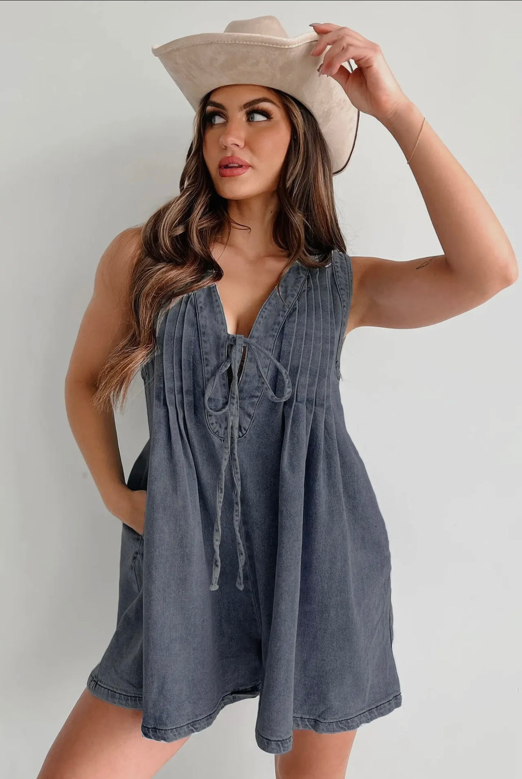 Tie Front V-Neck Denim Romper