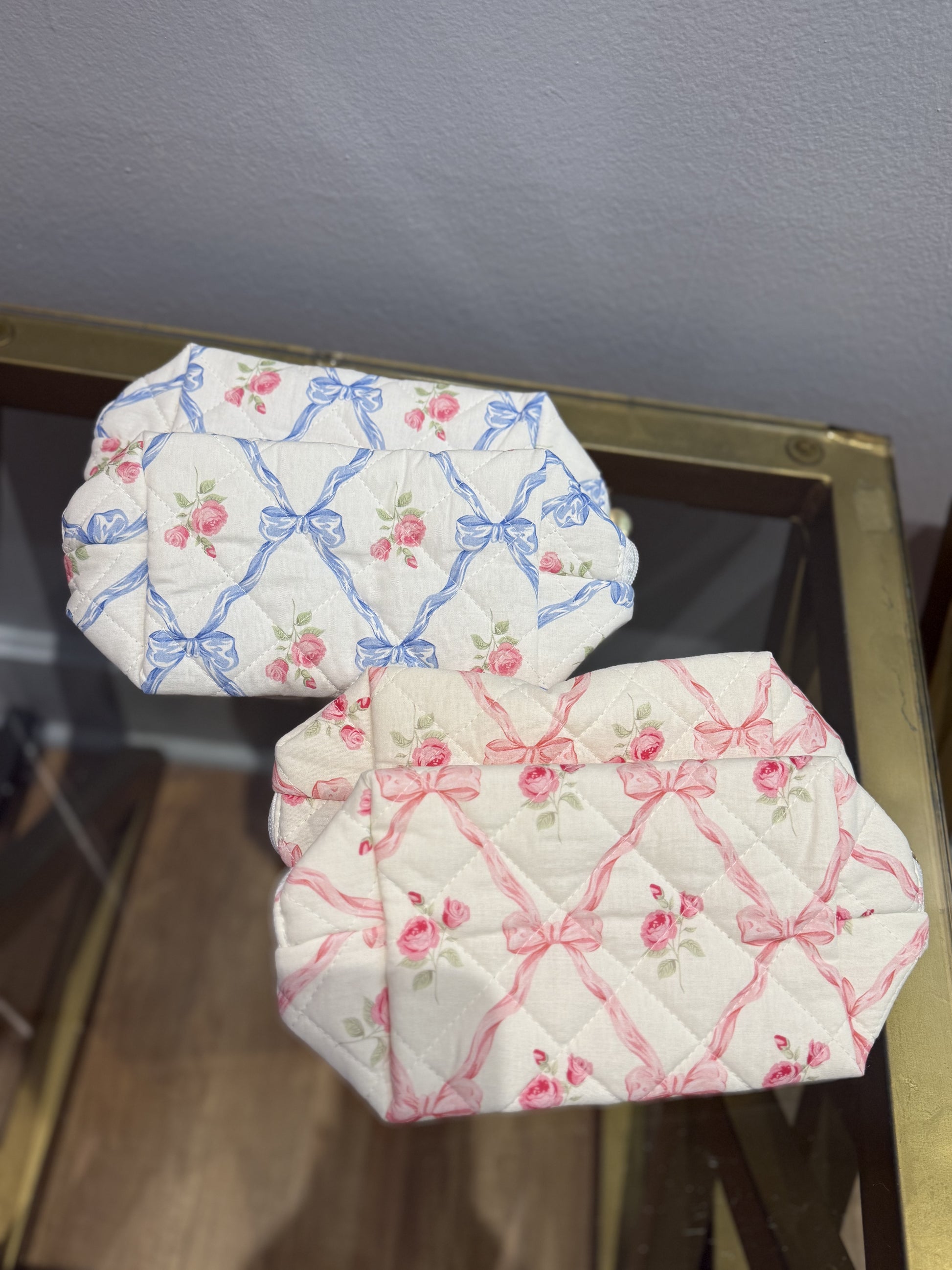 Quilted Cosmetic Floral Ribbon Bag