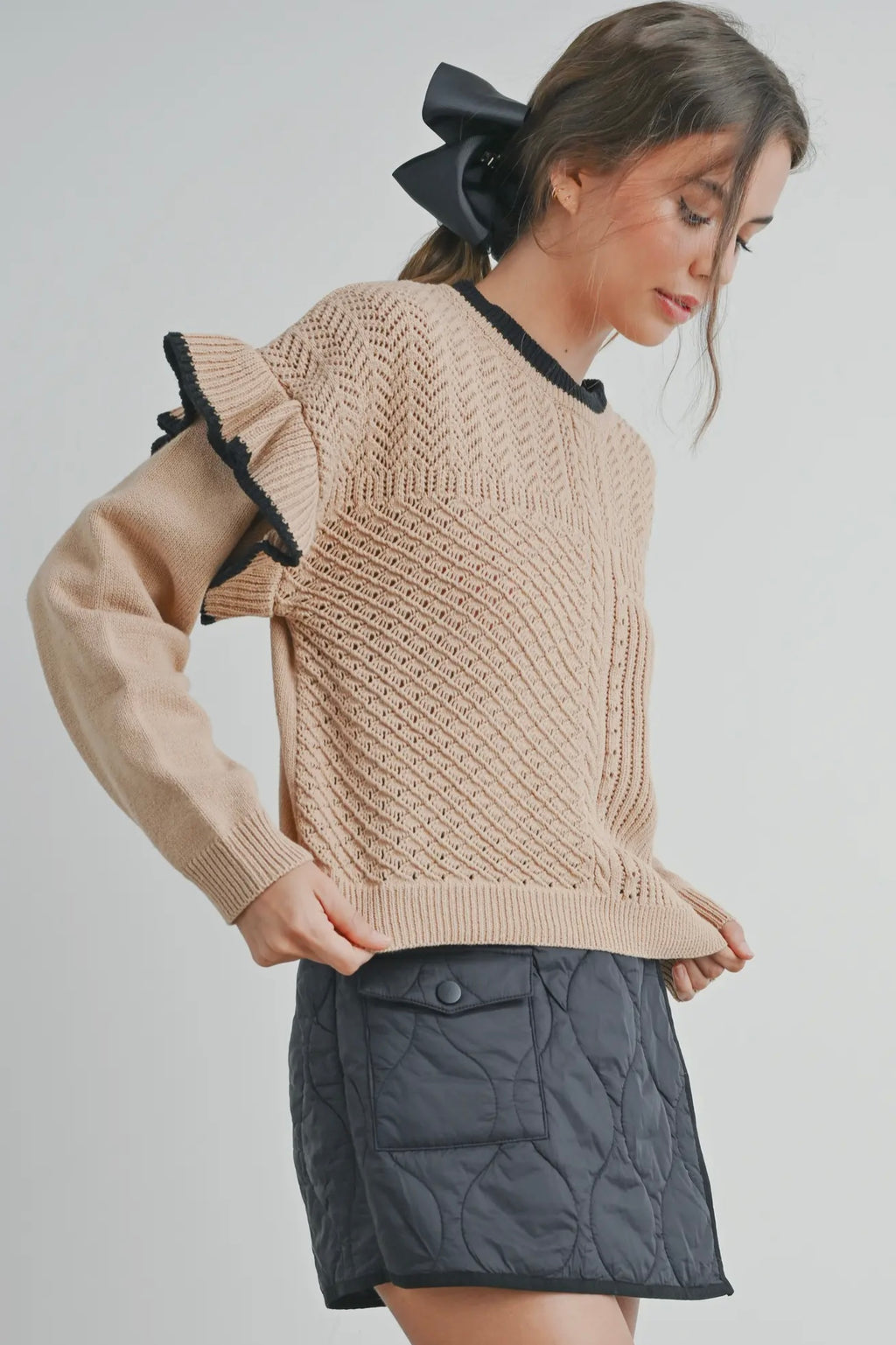 Ruffled Shoulder Knitted Sweater