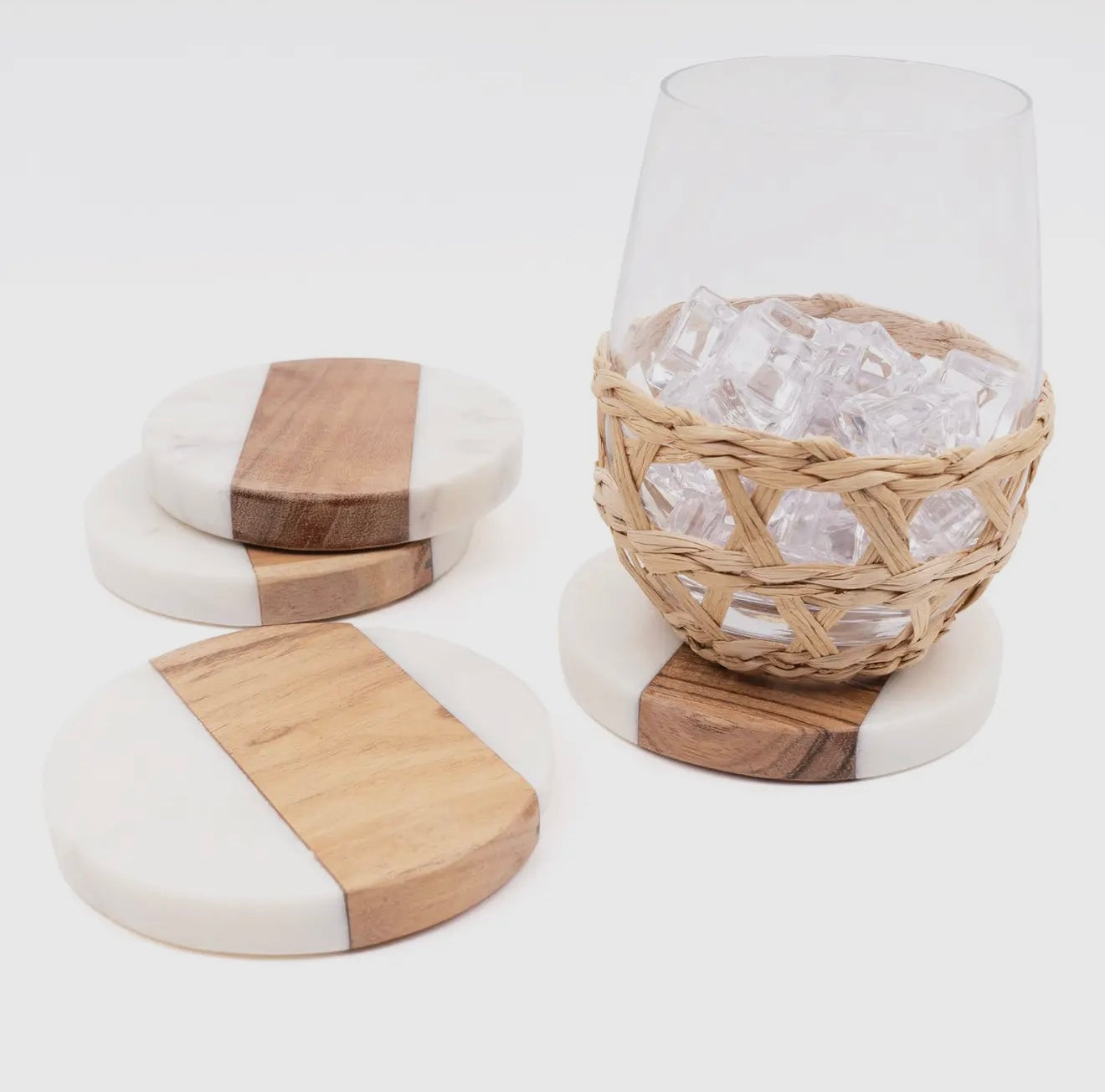 Marble & Wood Round Coaster Set