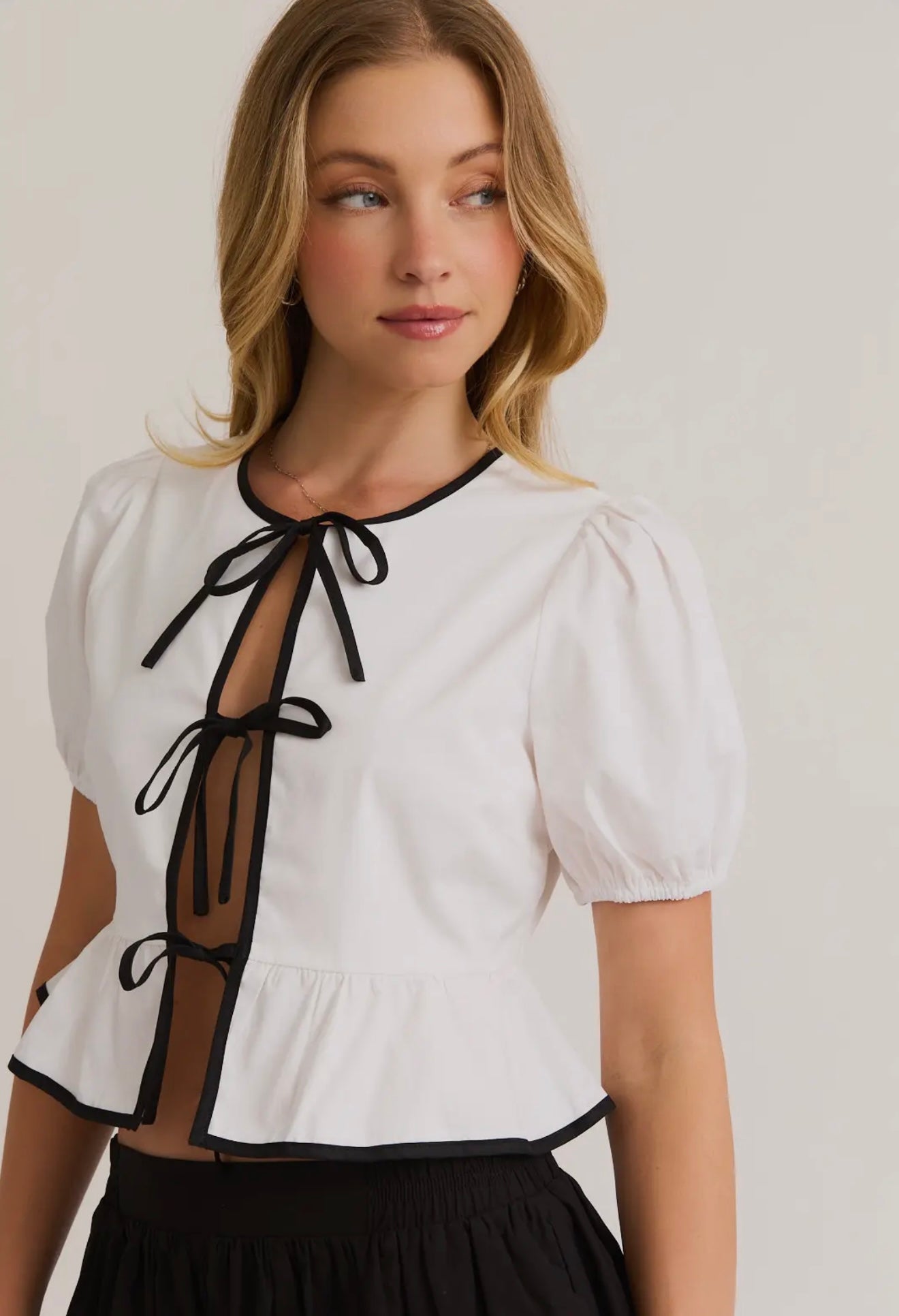 Puff Sleeve Contrast Bow Detail Open Blouse