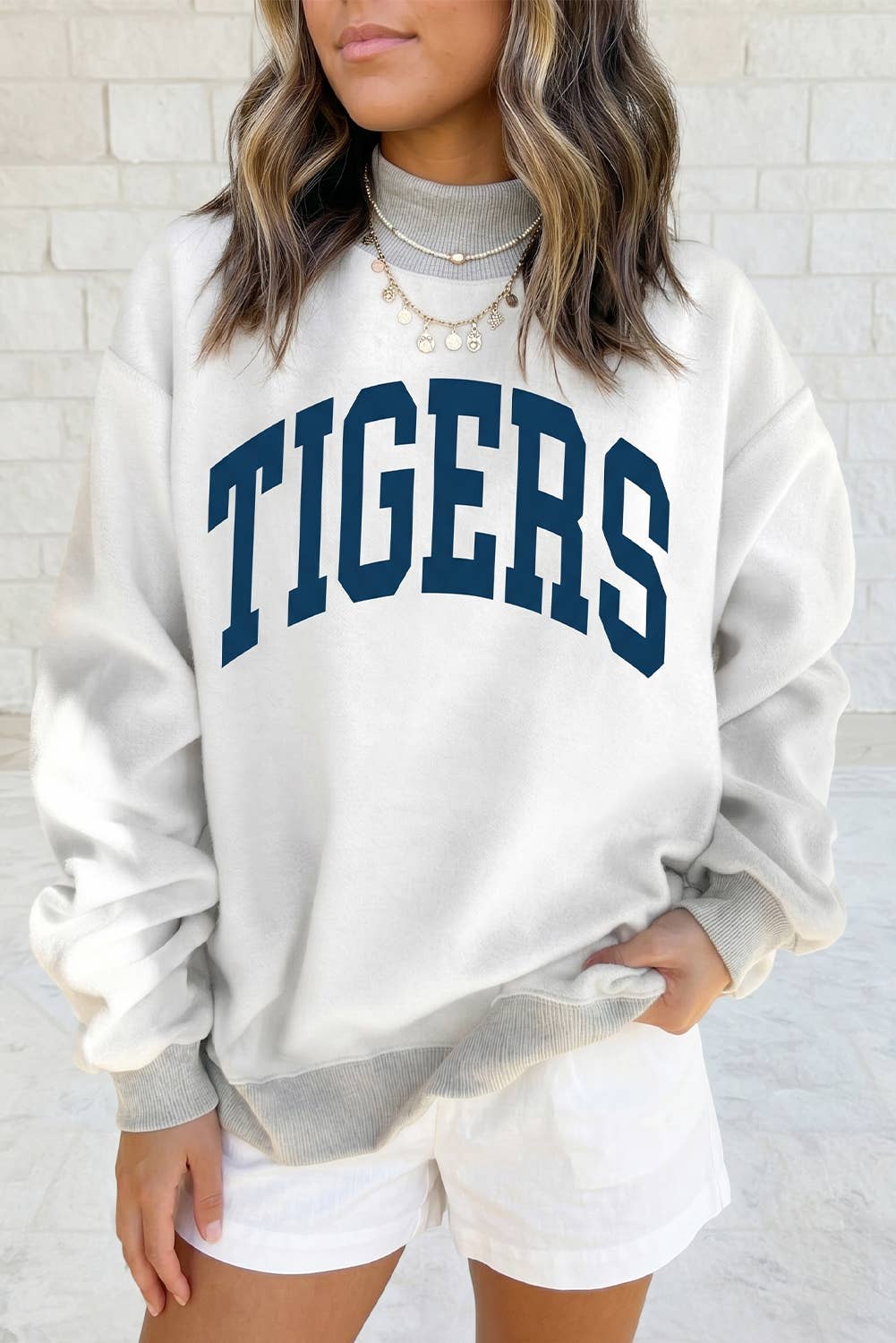 TIGERS Double Side Reversible Mock Neck Sweatshirt: Light Grey