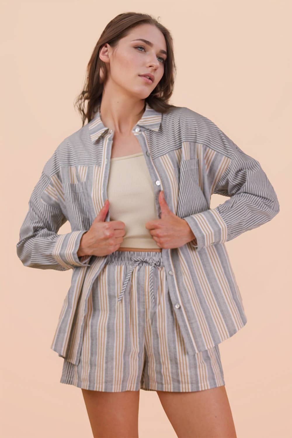 Stripe Woven Shirt Top & Shorts Set: TAUPE/BLACK