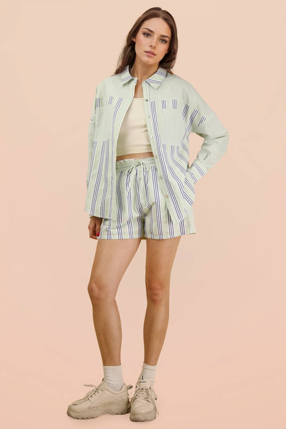 Stripe Woven Shirt Top & Shorts Set: BLUE/SAGE