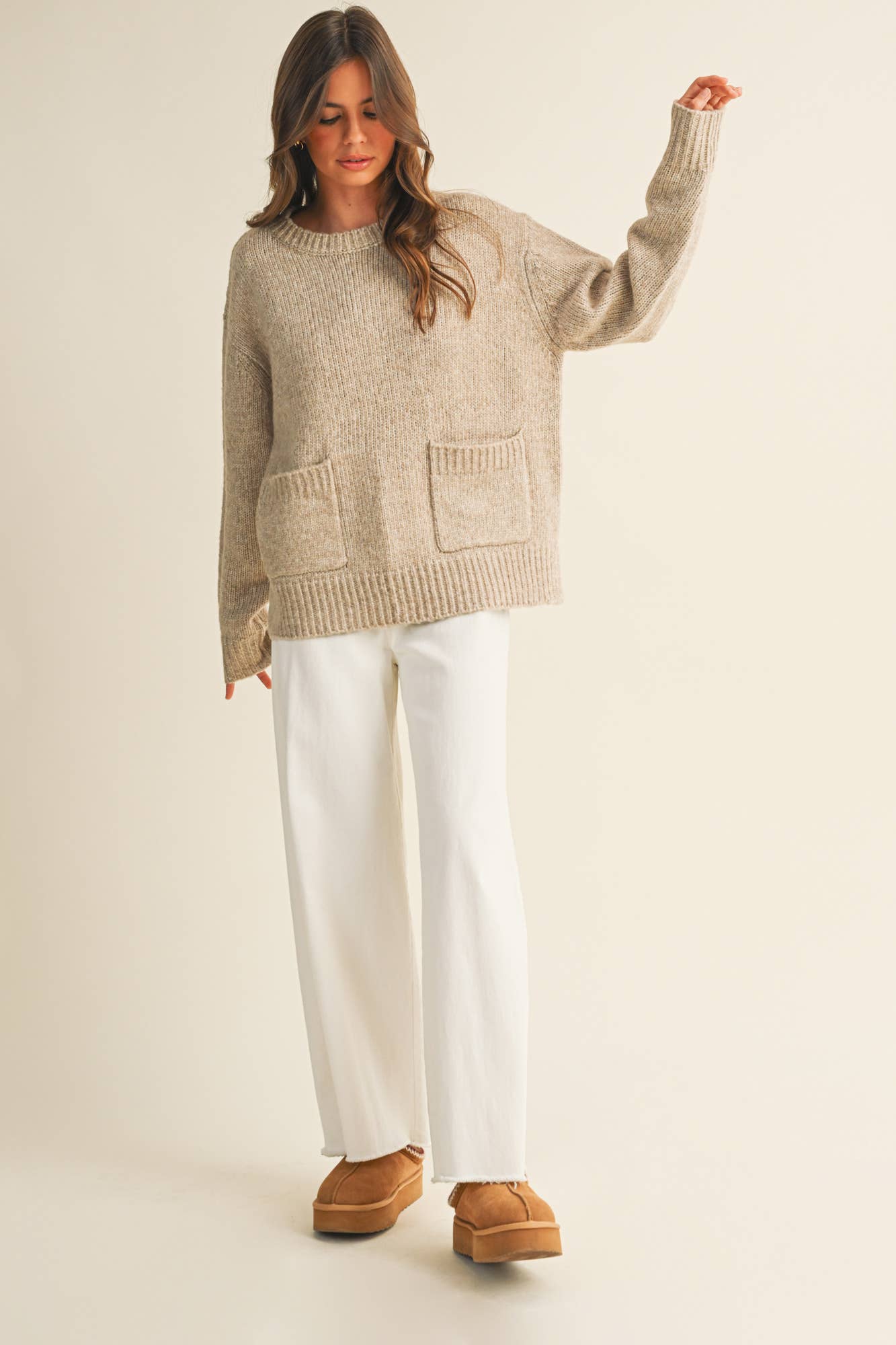 FRONT PATCH POCKET SWEATER TOP: TAUPE / S