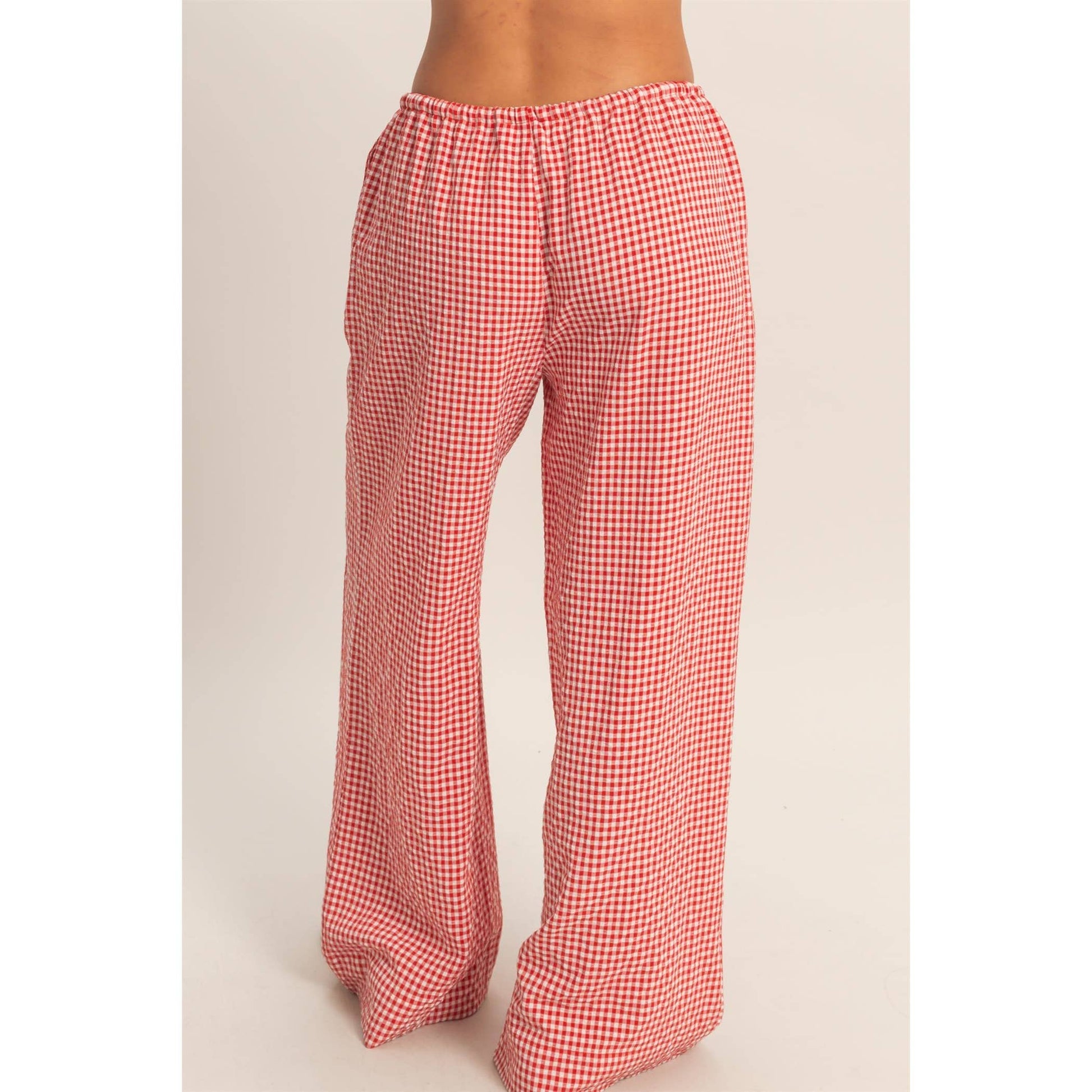 Gingham Drawstring Wide-Leg Pants: RED