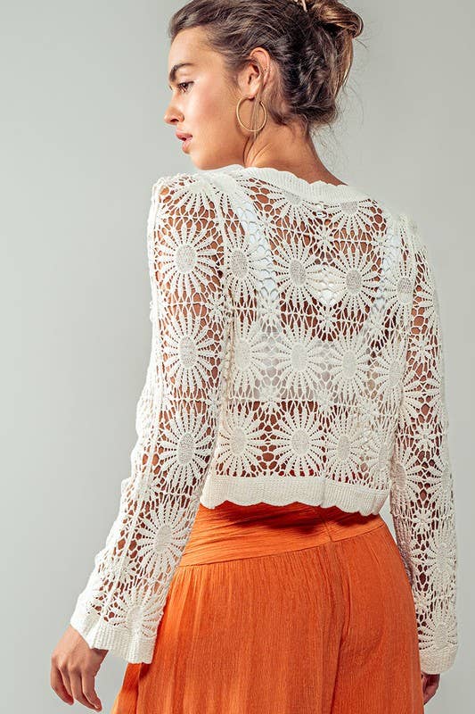 Romantic Floral Crochet Button Down Spring Cropped Cardigan