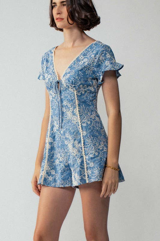 Boho Embroidered Flutter Sleeve Romper