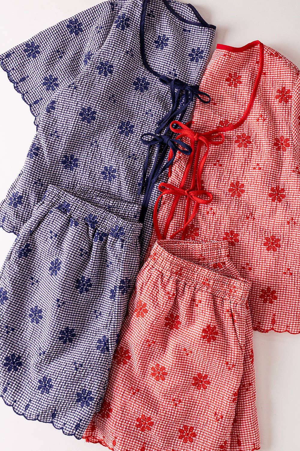 Floral Embroidery Woven Top & Shorts Set: NAVY