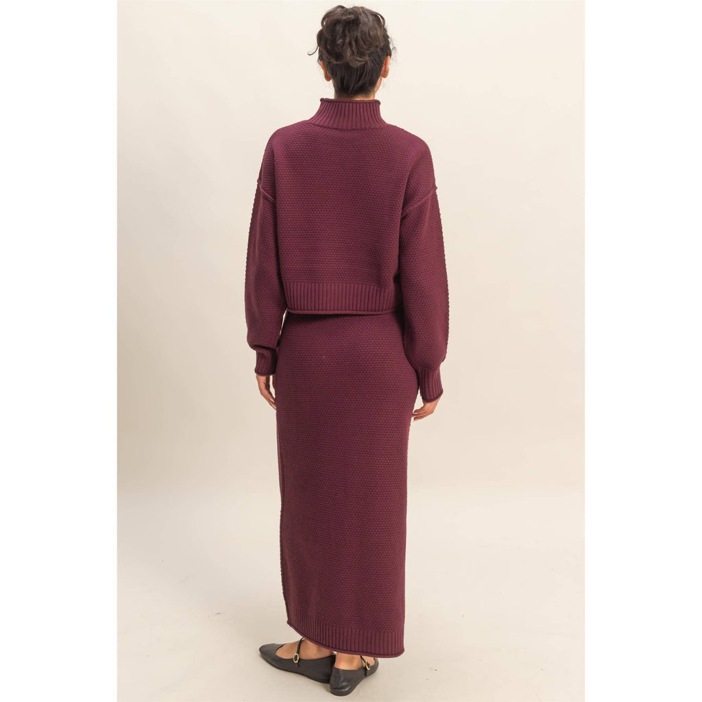 Textured High Neck Sweater & Skirt Set: DARK CHERRY