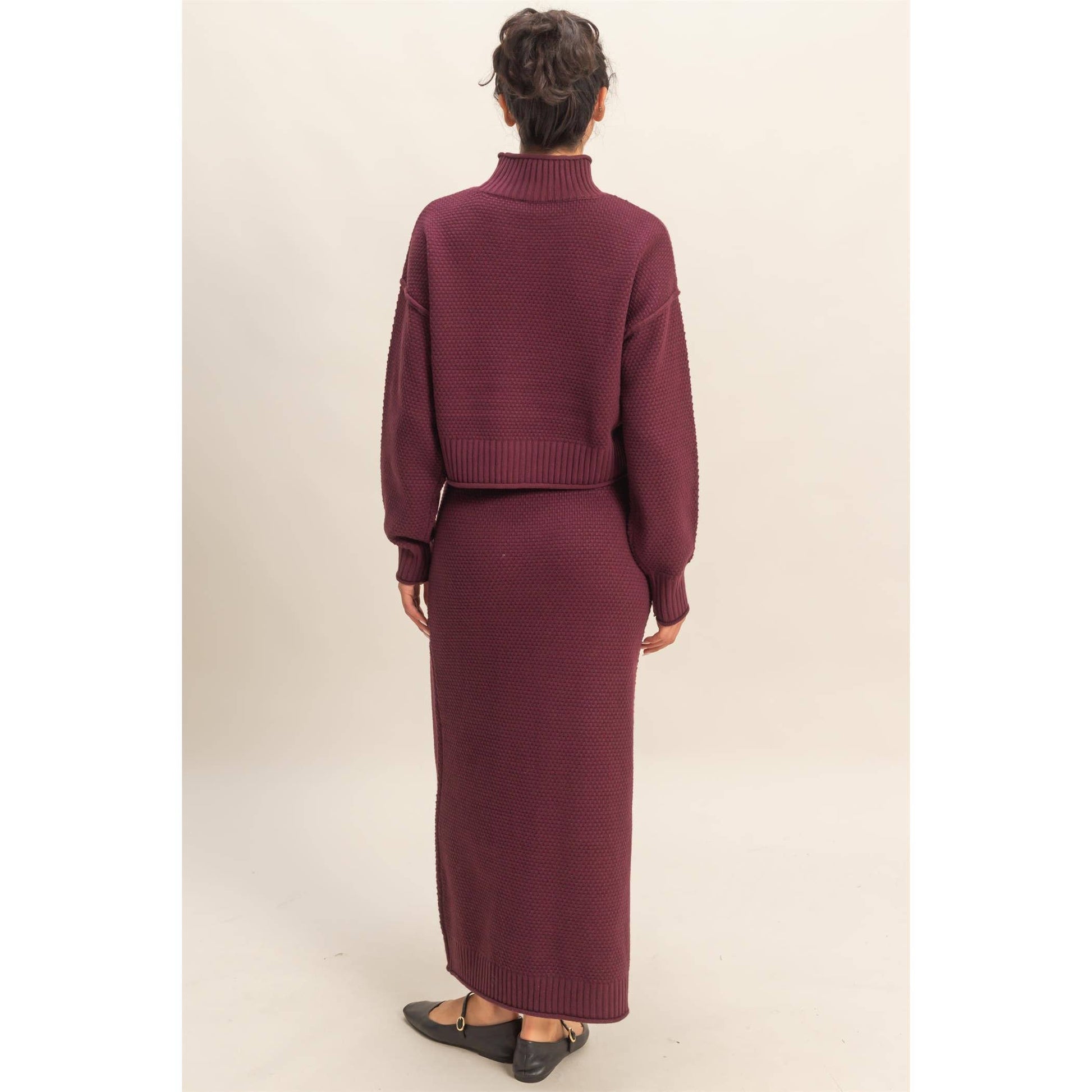 Textured High Neck Sweater & Skirt Set: DARK CHERRY