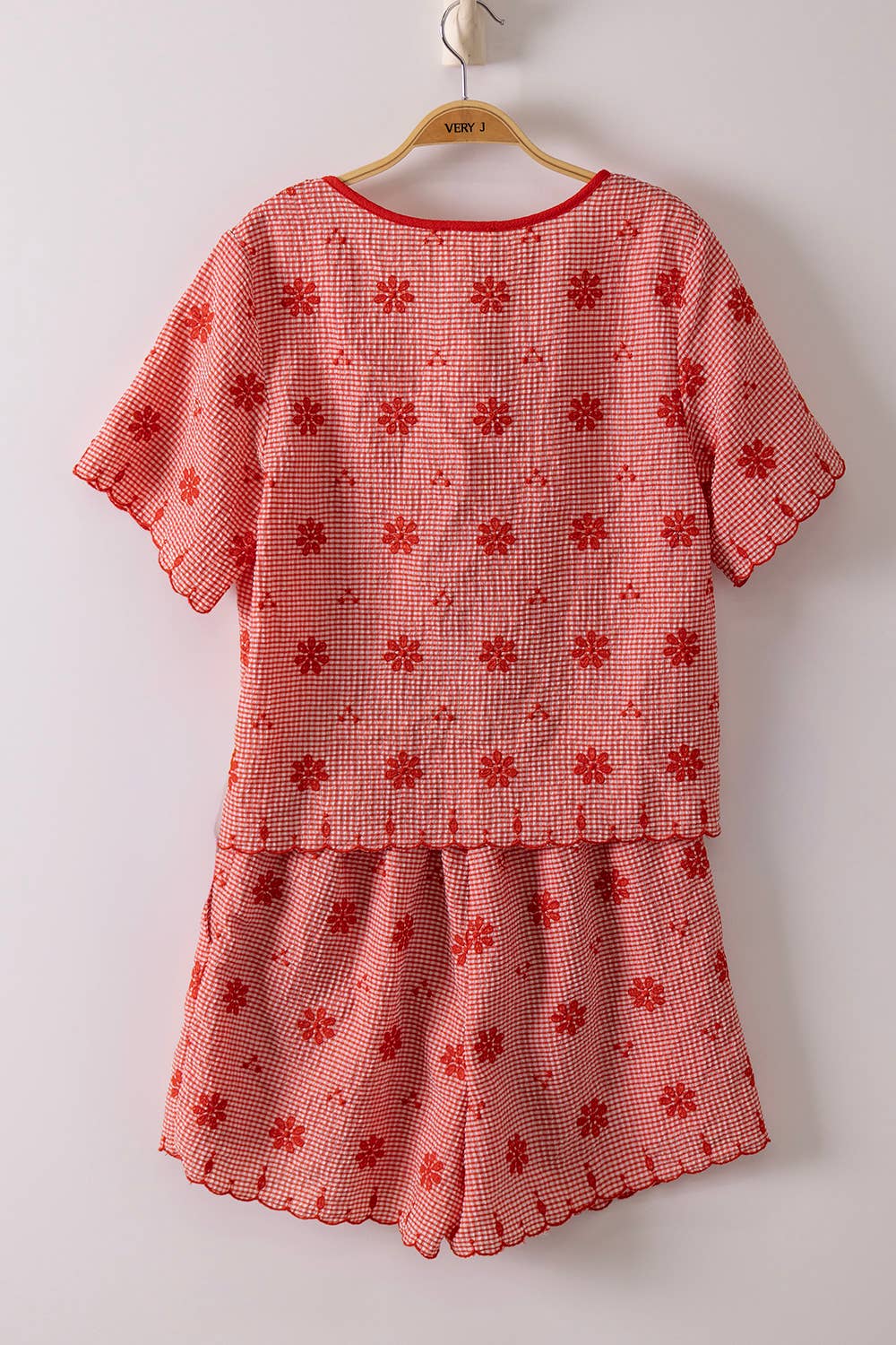 Floral Embroidery Woven Top & Shorts Set: RED