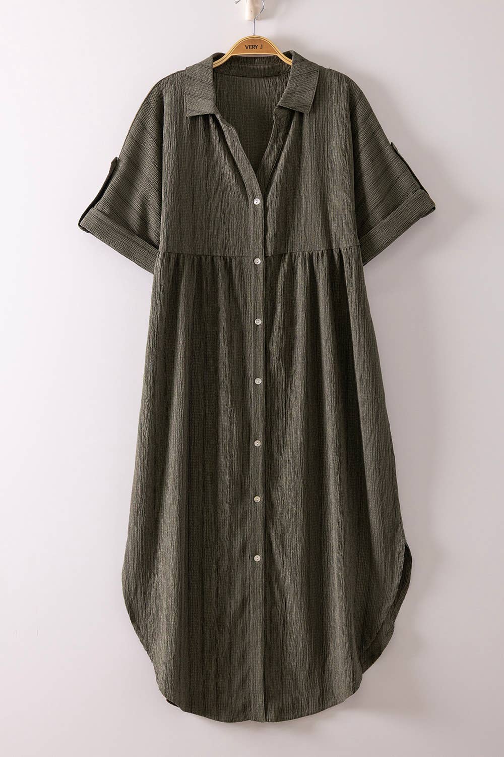 Striped Linen Midi Button Down Shirt Dress: TAUPE