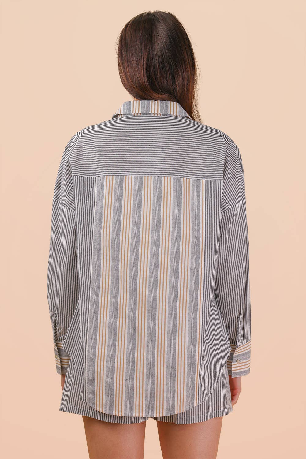 Stripe Woven Shirt Top & Shorts Set: TAUPE/BLACK