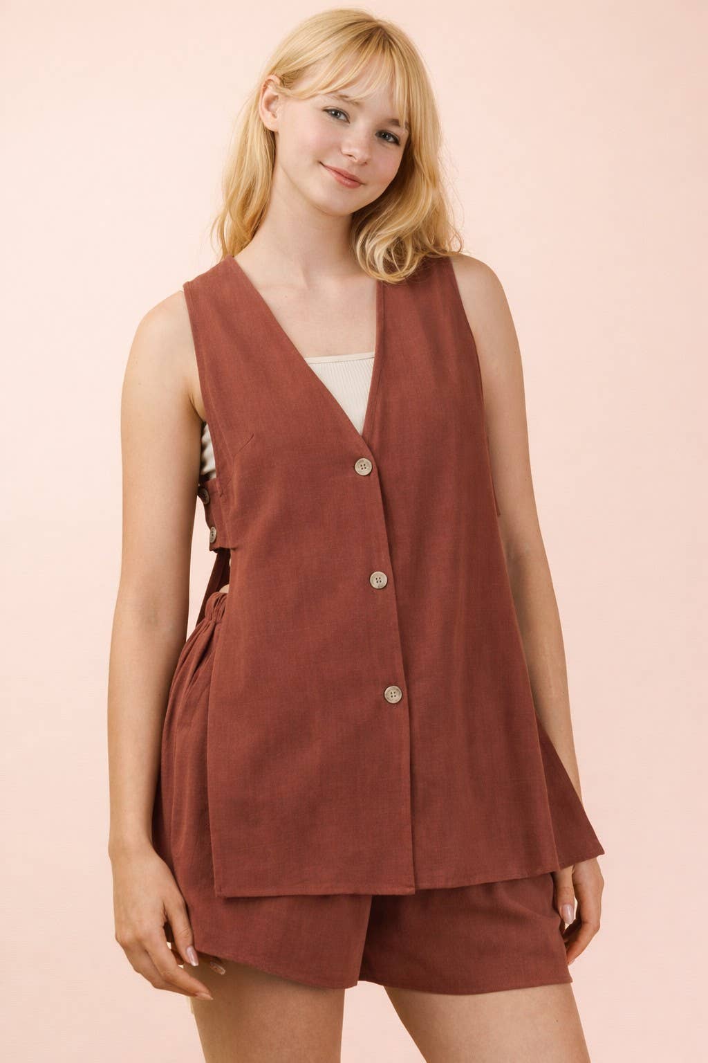 Solid Linen Top & Shorts Set: BRICK