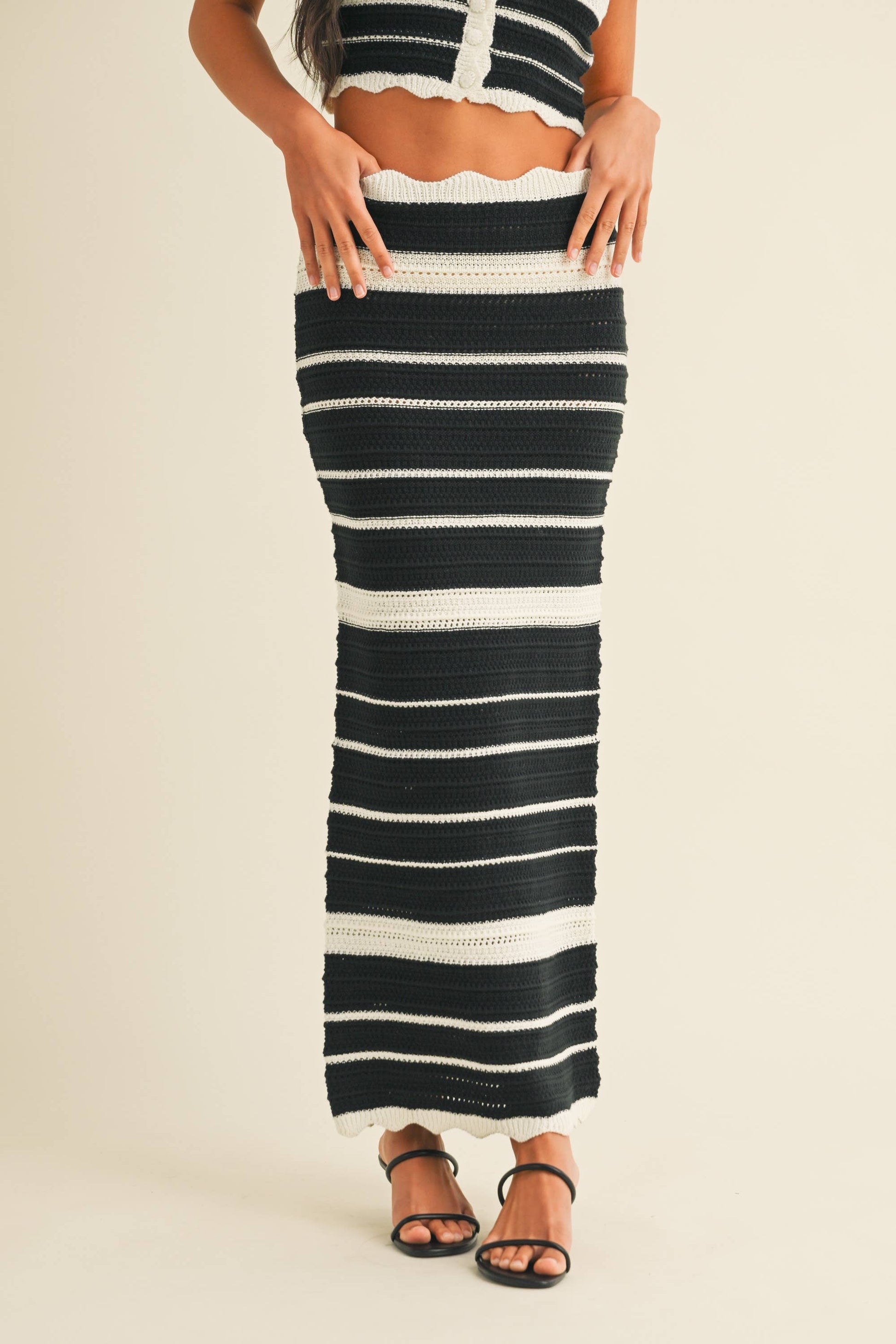 CROCHET KNIT MULTI STRIPED CROP TOP AND MAXI SKIRT: IVORY/BLACK