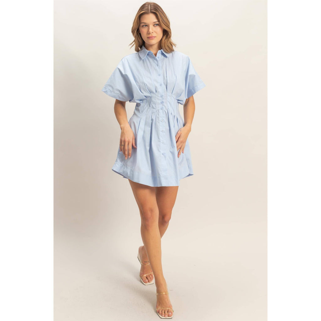 Pleated Button-Up Dress: L.BLUE