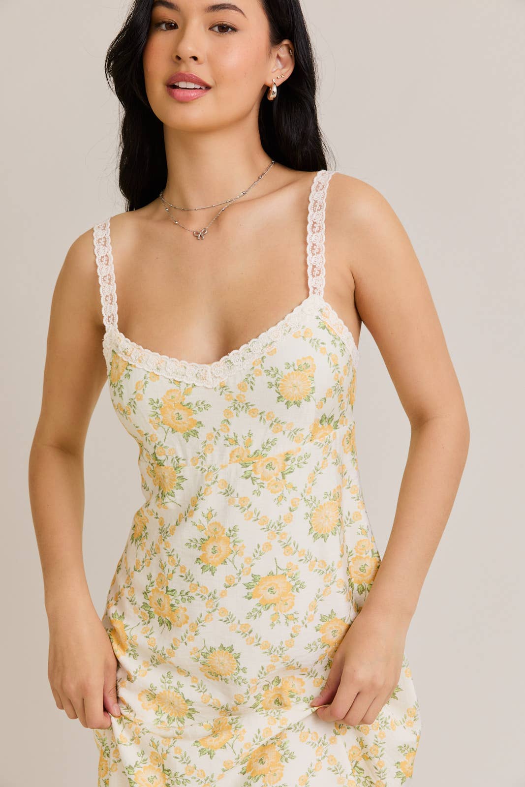 LACE TRIM MIDI DRESS: CREAM-YELLOW FLORAL