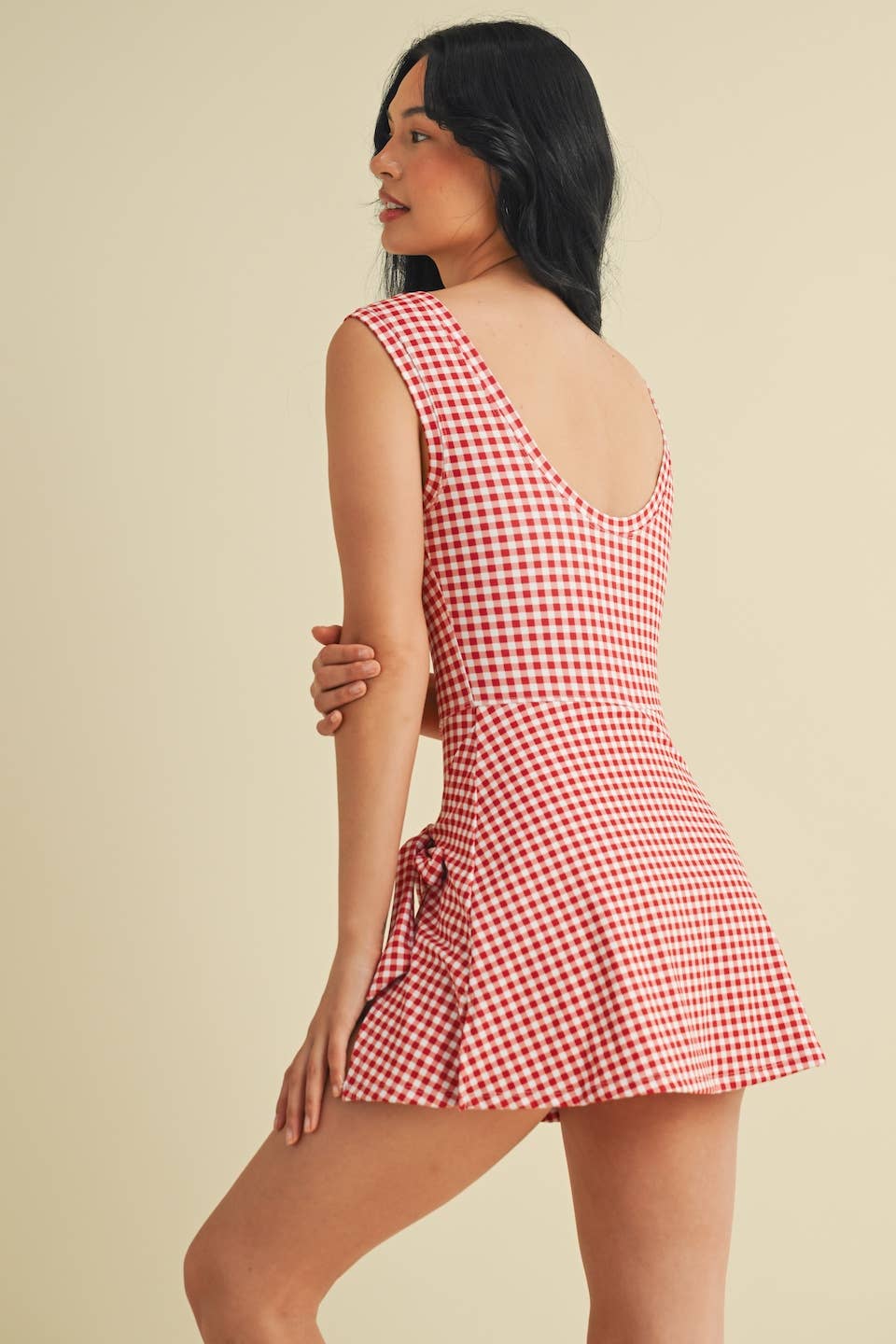 Gingham Print Sleeveless Wrap Tie Front Dress : Red Gingham