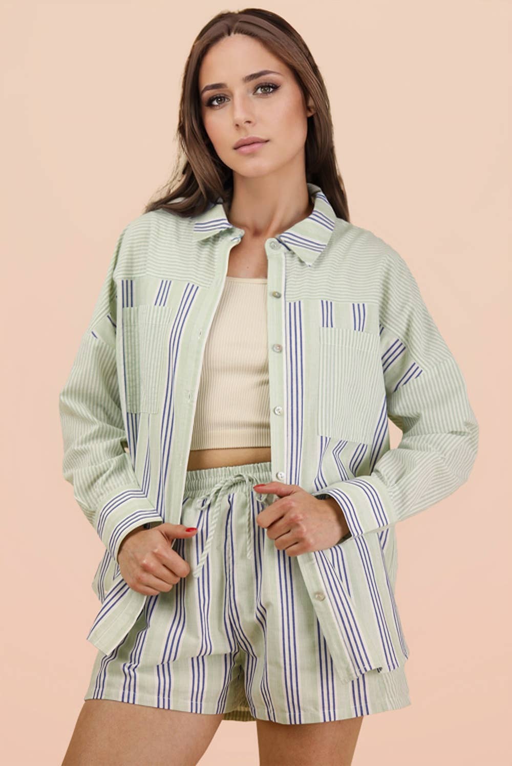 Stripe Woven Shirt Top & Shorts Set: BLUE/SAGE