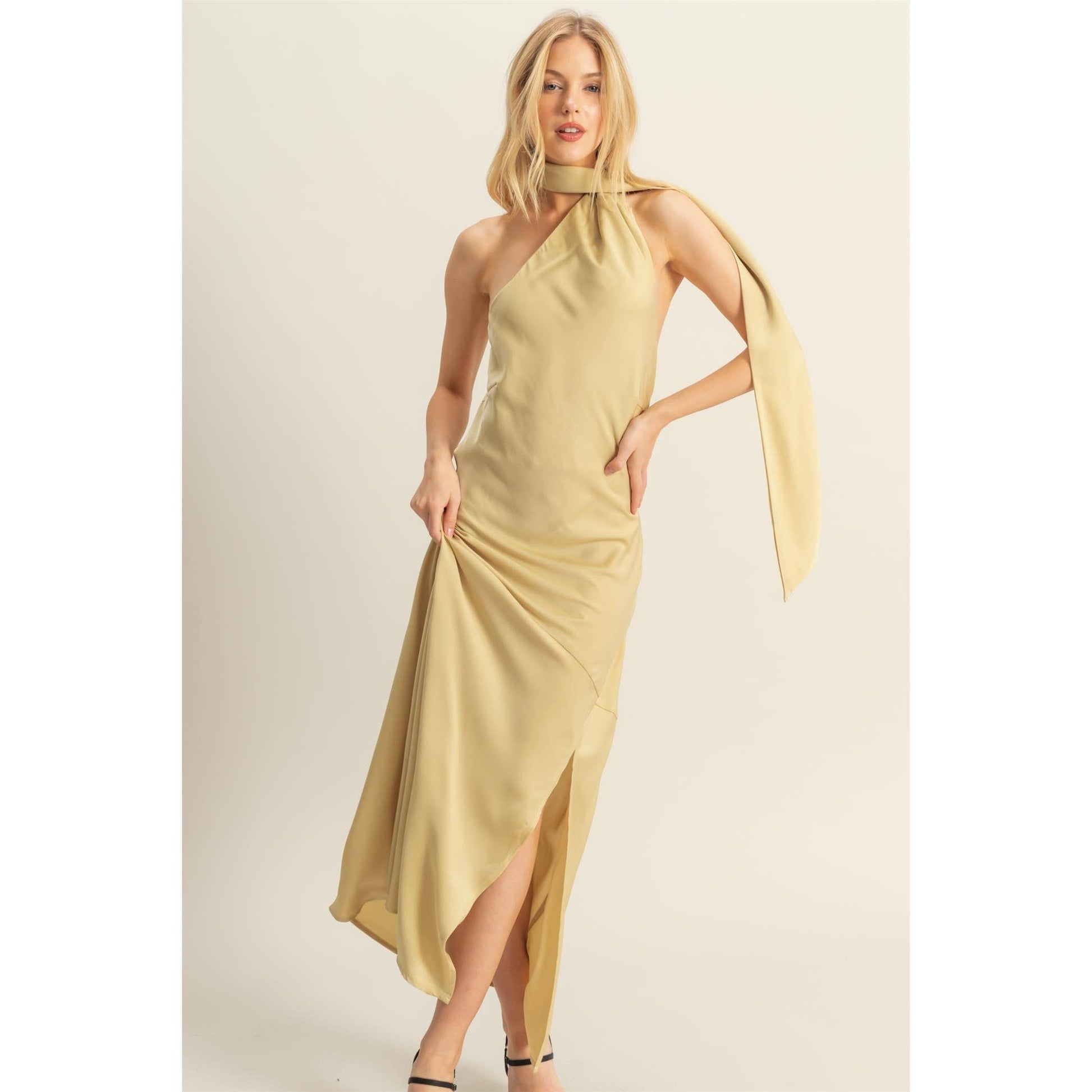 Curve Hugging Satin Halter Maxi Dress