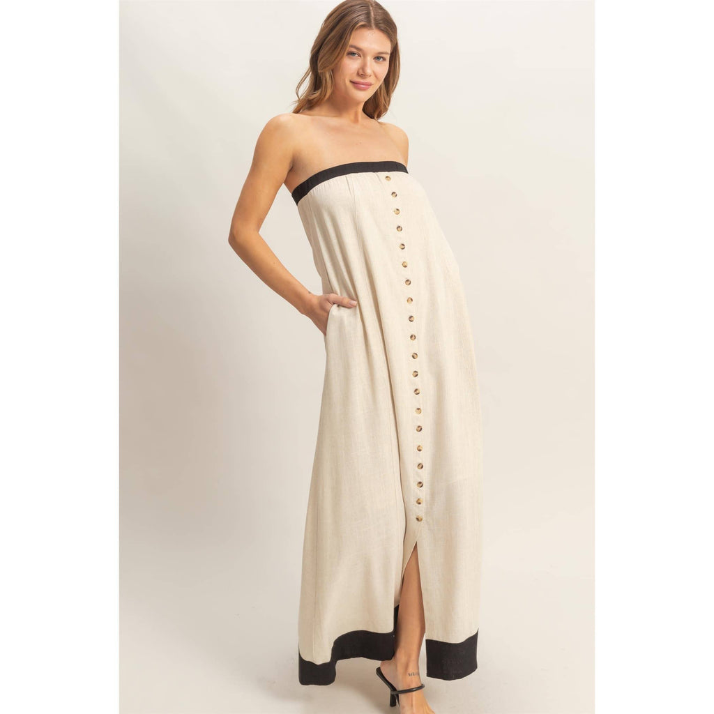 Strapless Button-Front Maxi Dress: OATMEAL