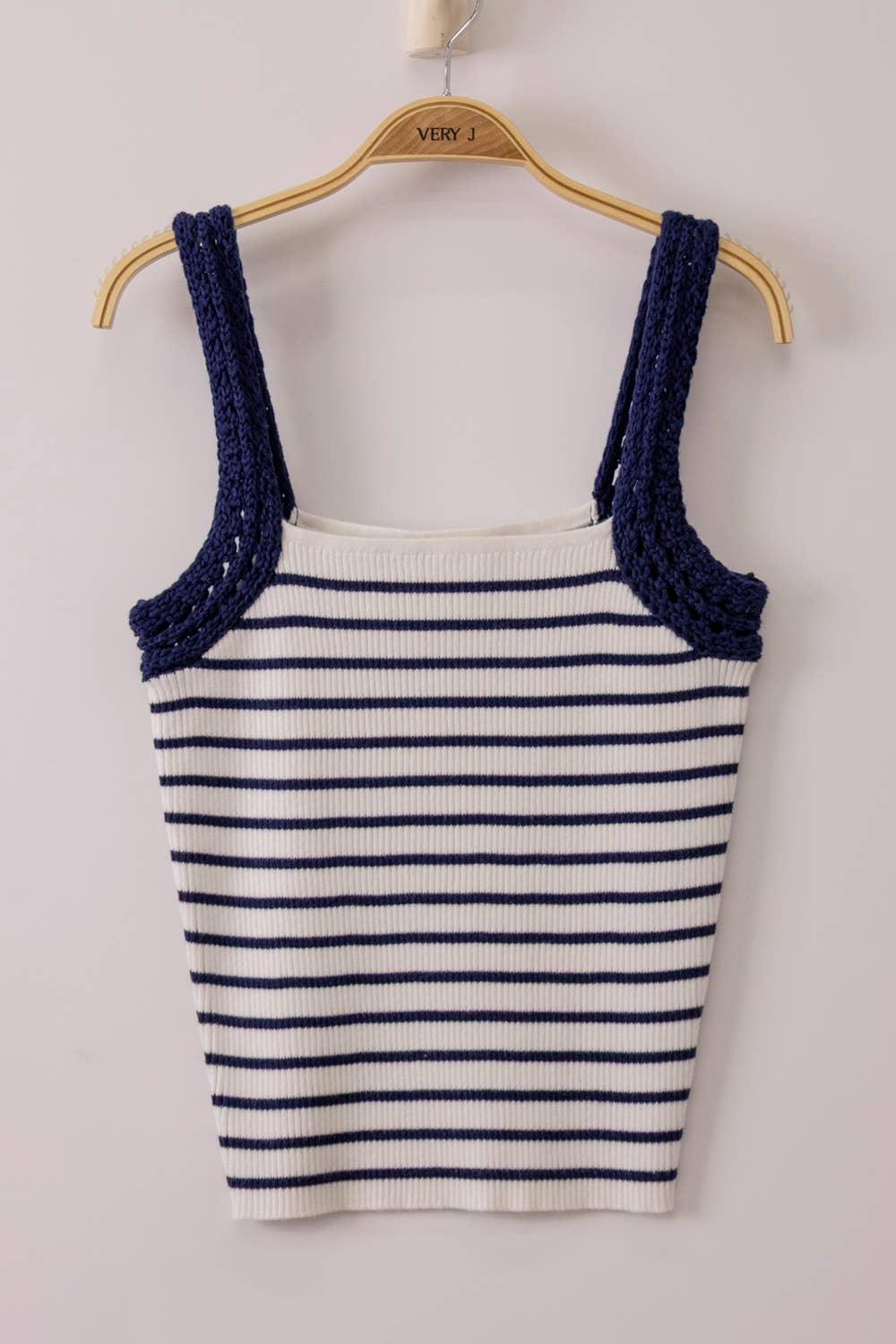 Crochet Sleeve Striped Knit Tank Top: NAVY