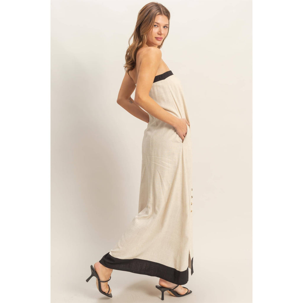 Strapless Button-Front Maxi Dress: OATMEAL