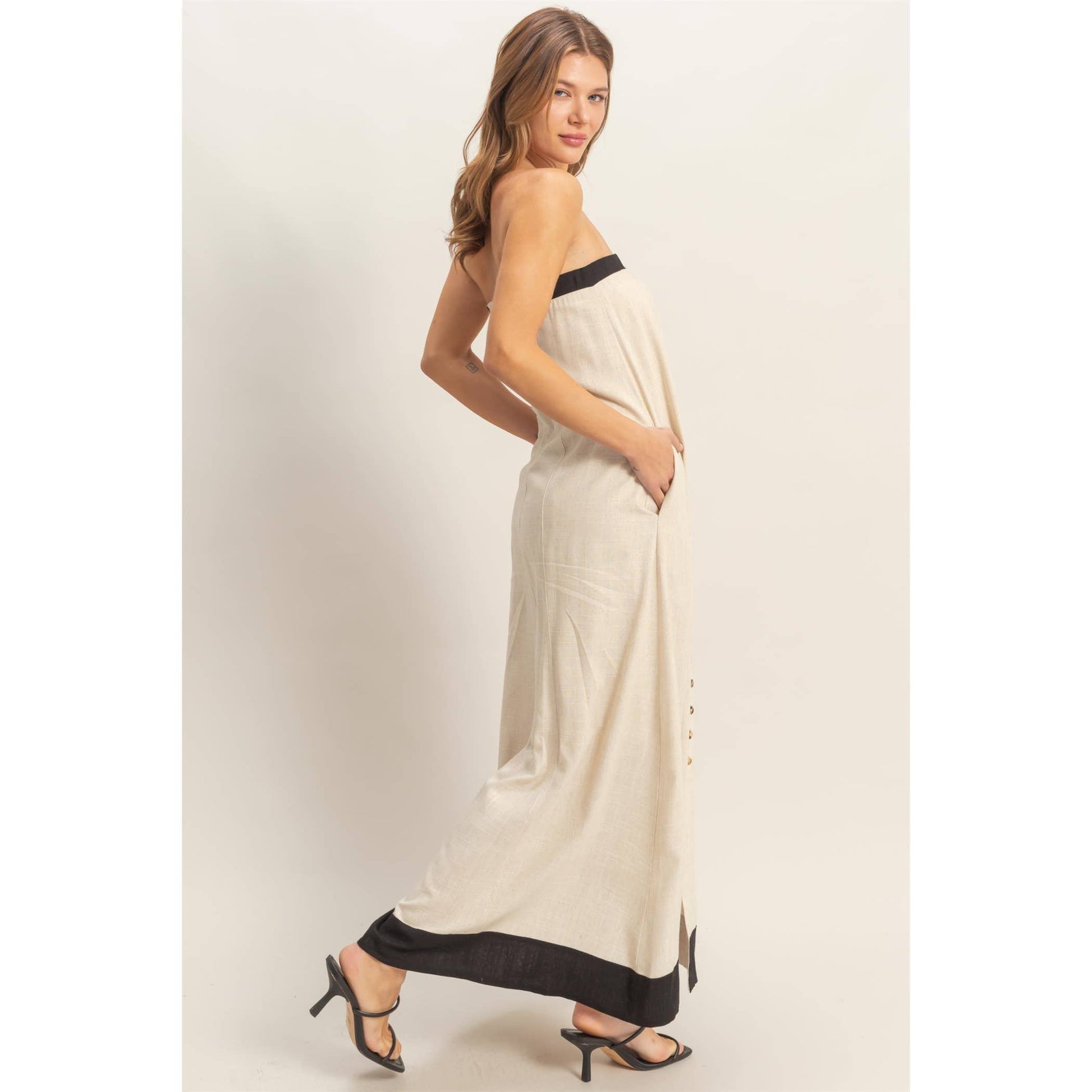 Strapless Button-Front Maxi Dress: OATMEAL
