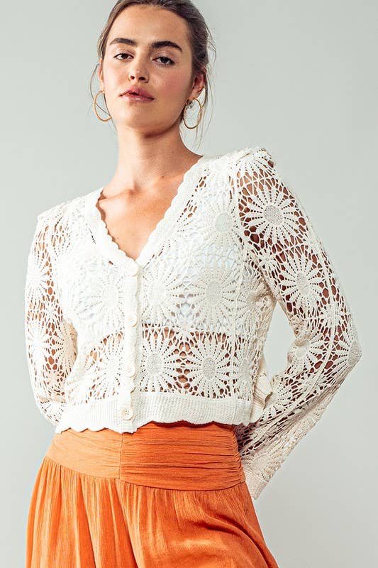 Romantic Floral Crochet Button Down Spring Cropped Cardigan