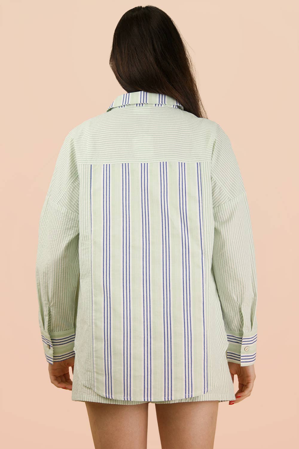 Stripe Woven Shirt Top & Shorts Set: BLUE/SAGE