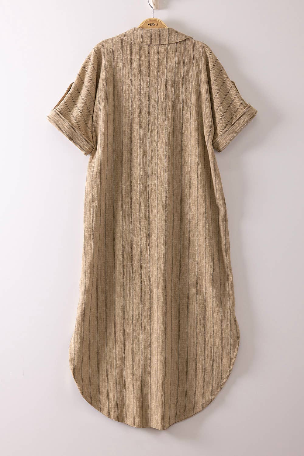 Striped Linen Midi Button Down Shirt Dress: TAUPE