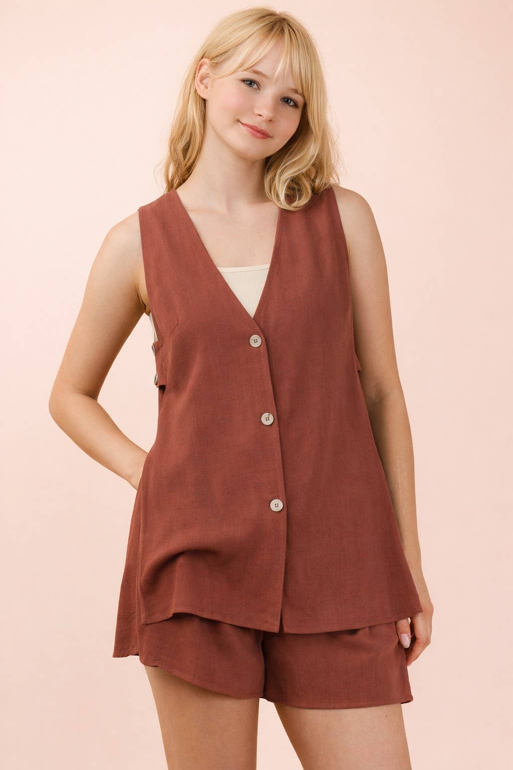 Solid Linen Top & Shorts Set: BRICK