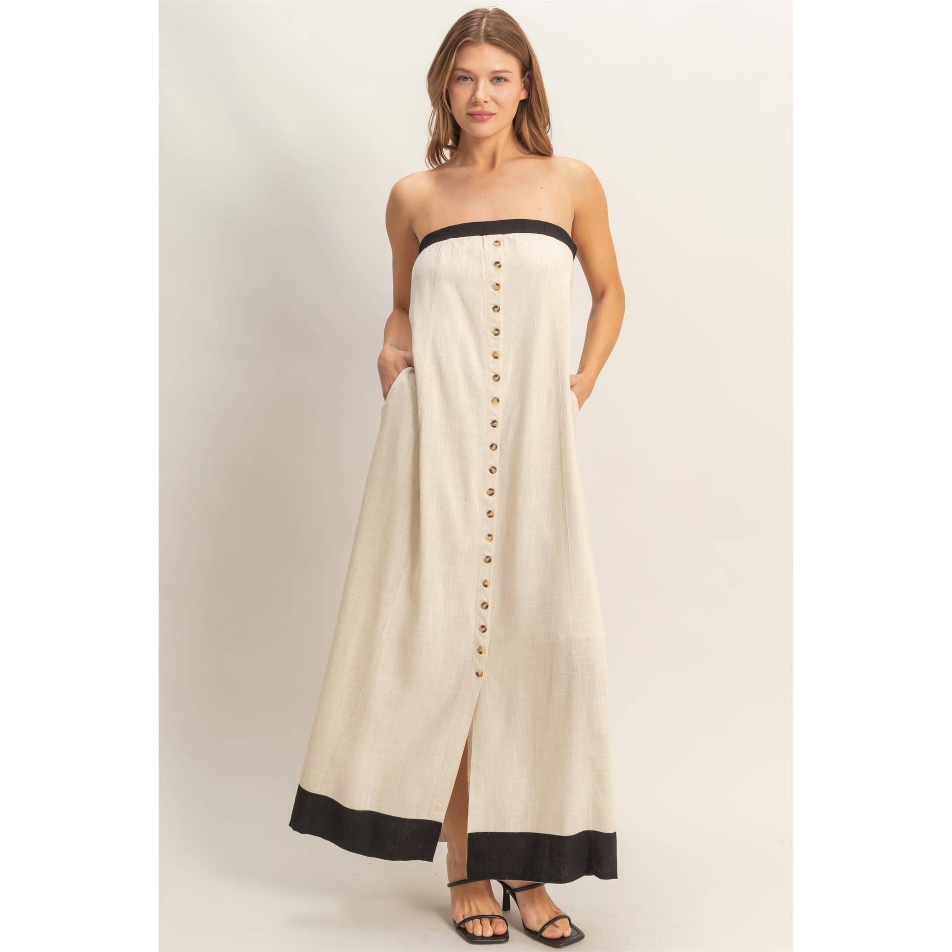 Strapless Button-Front Maxi Dress: OATMEAL