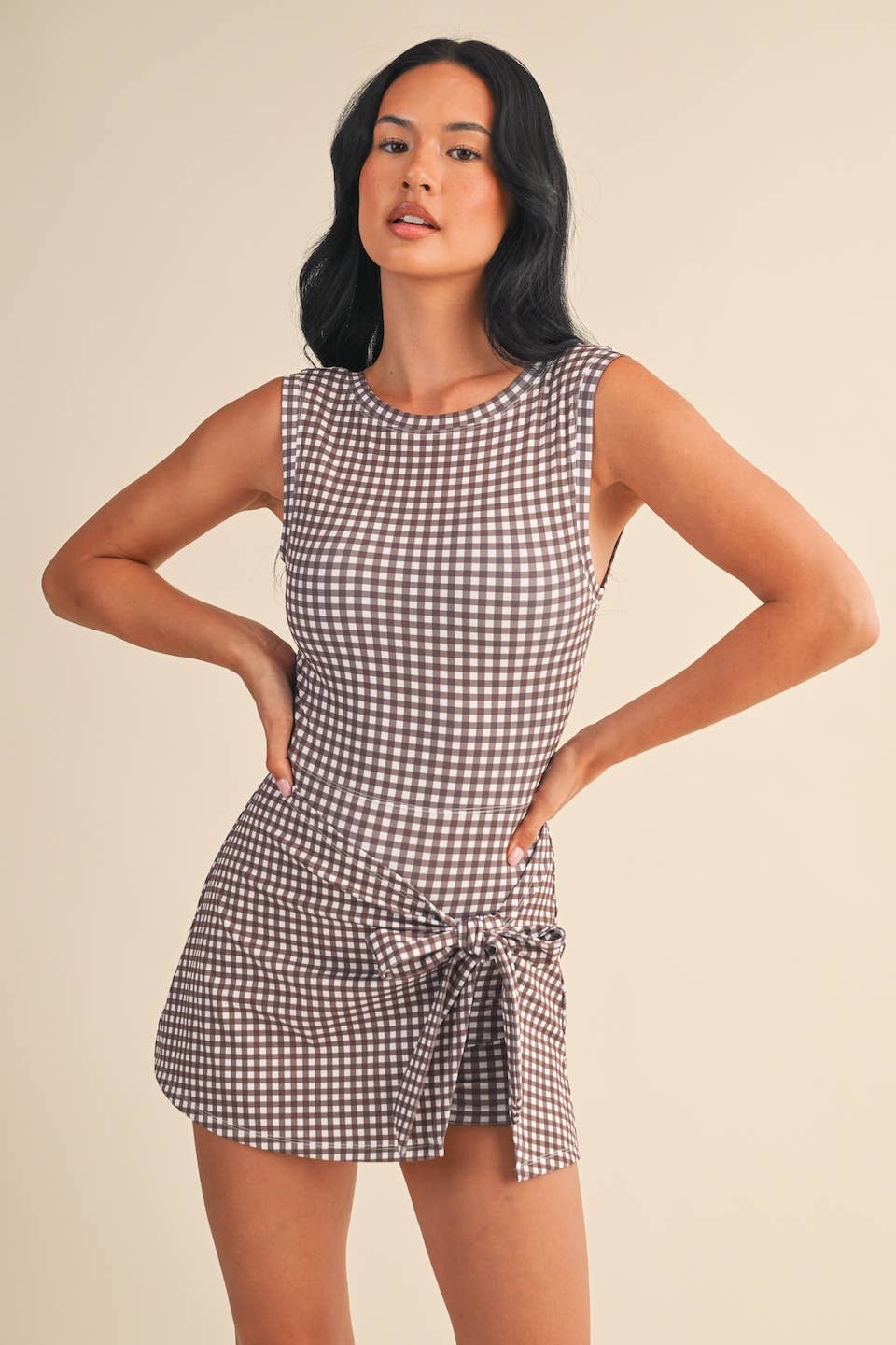 Gingham Print Sleeveless Wrap Tie Front Dress : Brown Gingham