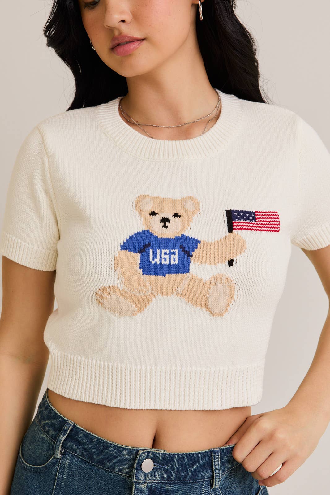 TEDDY BEAR WITH USA FLAG" GRAPHIC CREW NECK SWEATER TOP