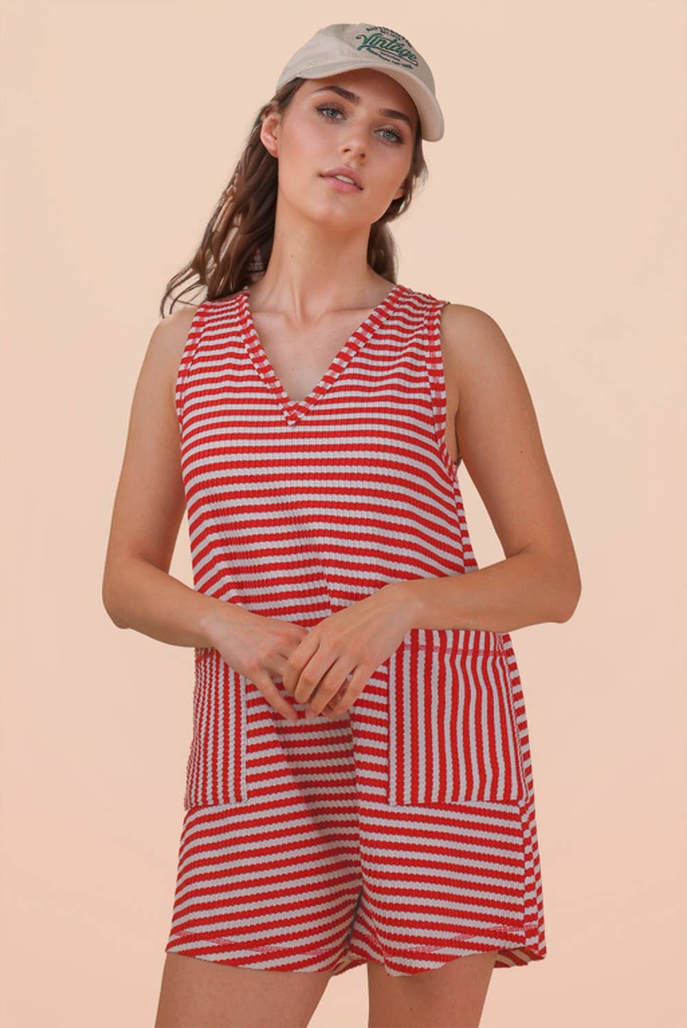 Striped Knit Casual Comfy Romper: RUST