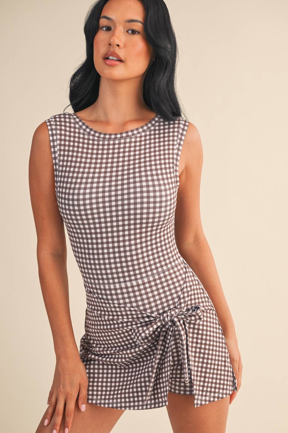 Gingham Print Sleeveless Wrap Tie Front Dress : Brown Gingham