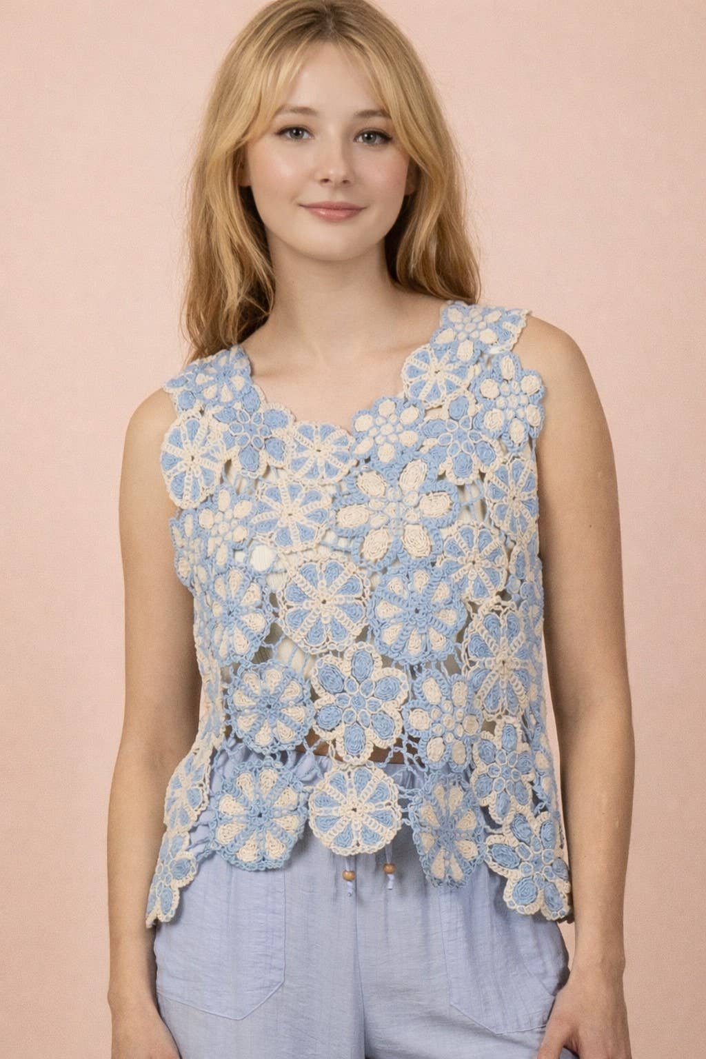 Floral Lace Crochet Sleeveless Top: BLUE