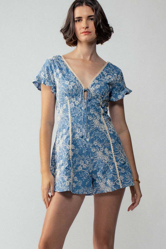 Boho Embroidered Flutter Sleeve Romper
