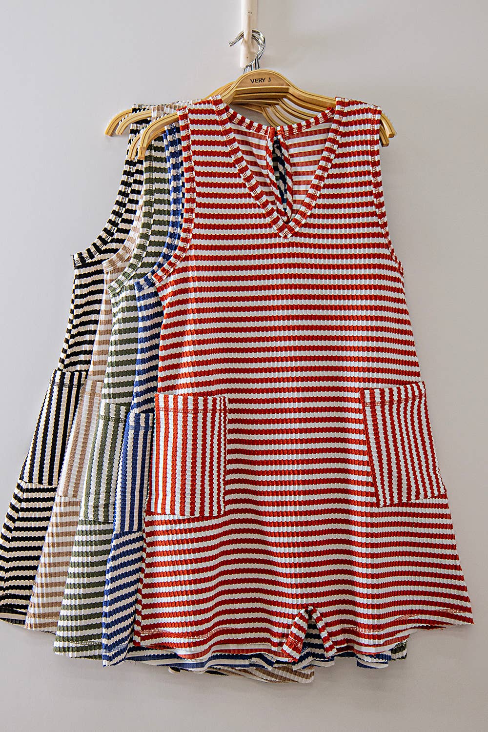 Striped Knit Casual Comfy Romper: RUST