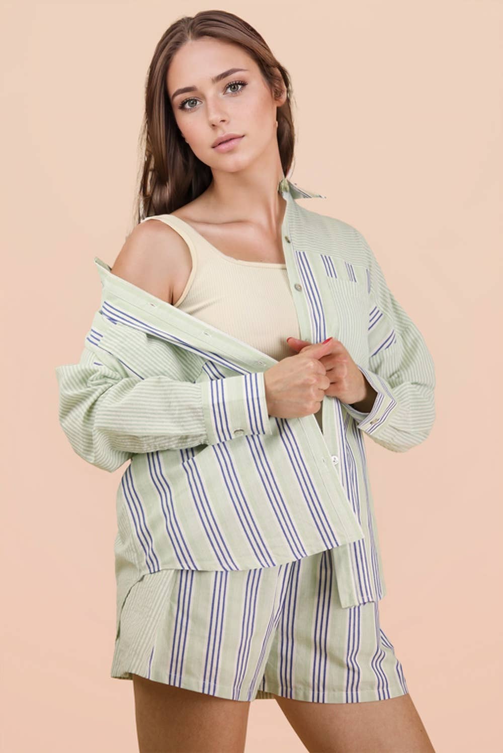 Stripe Woven Shirt Top & Shorts Set: BLUE/SAGE