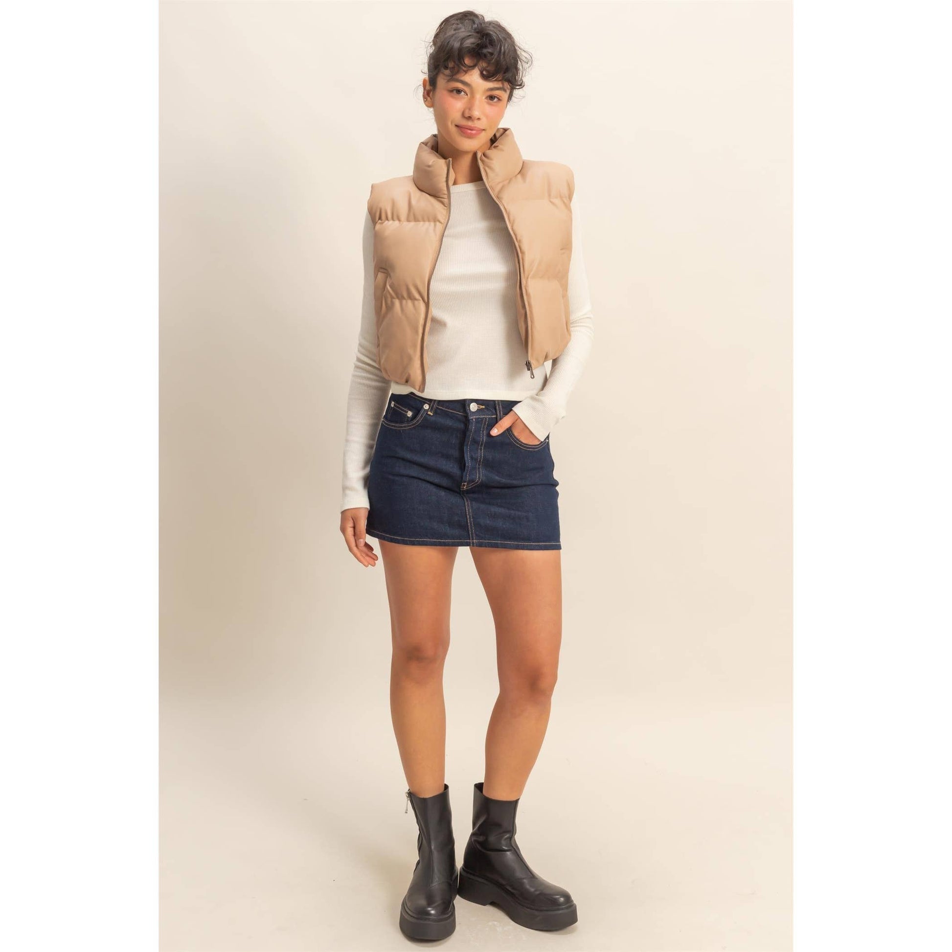 Faux Leather Cropped Puffer Vest: DARK TAUPE