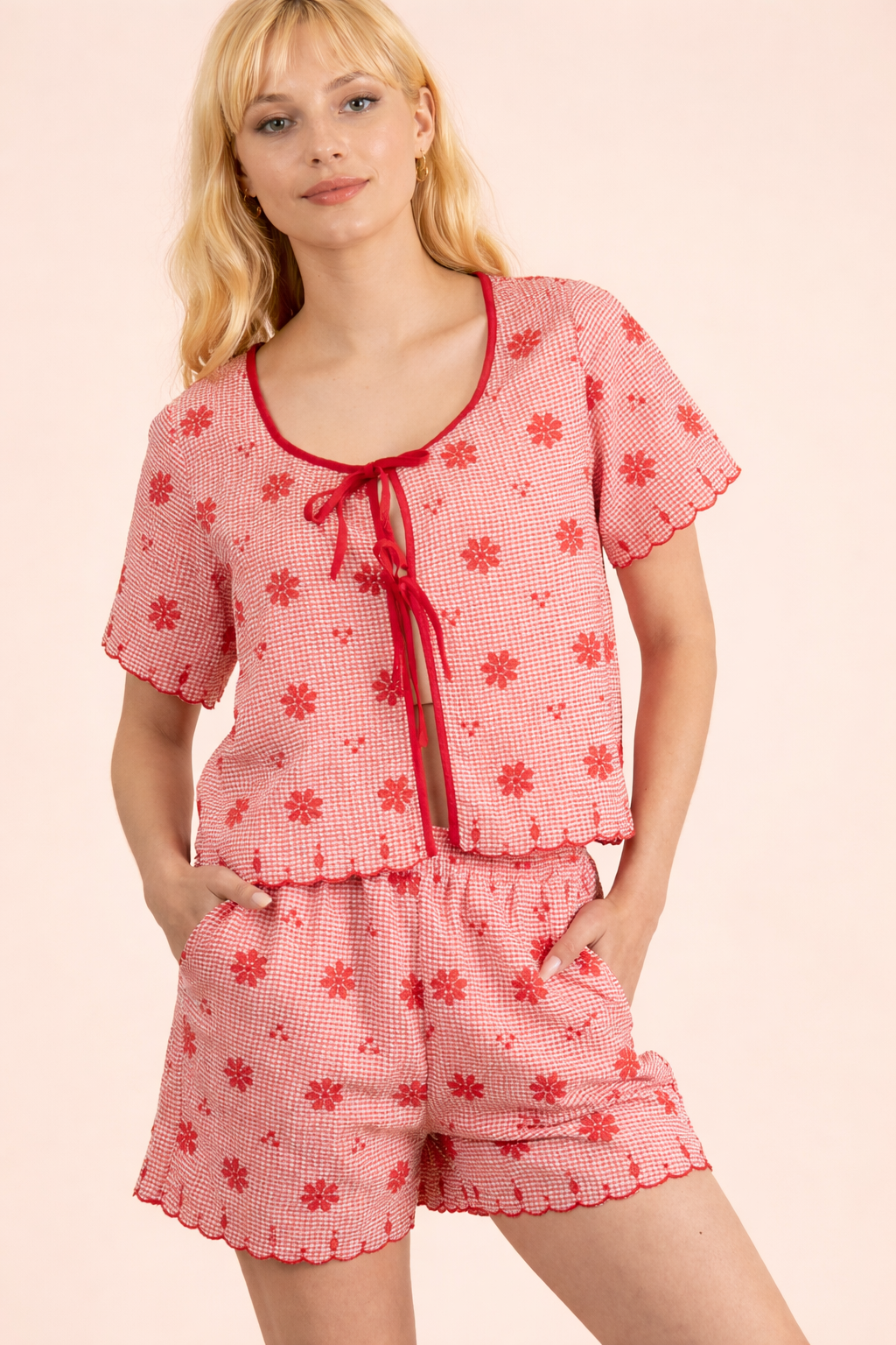Floral Embroidery Woven Top & Shorts Set: RED